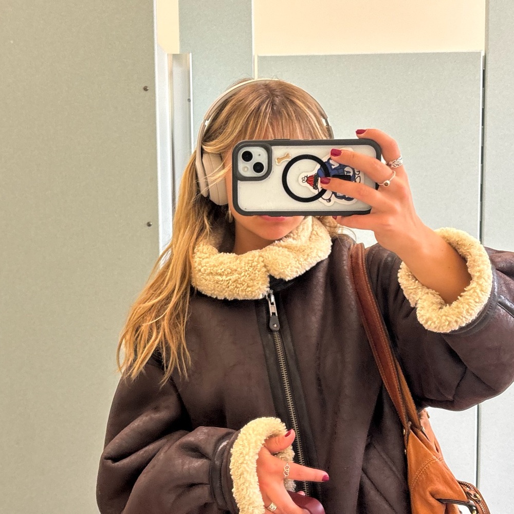 Brown Shearling Coat with Cream Trim
